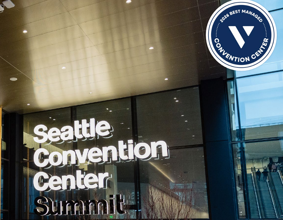 The Seattle Convention Center Summit entrance, with a circular "2026 Best Managed Convention Center" badge overlaid in the upper-right corner.